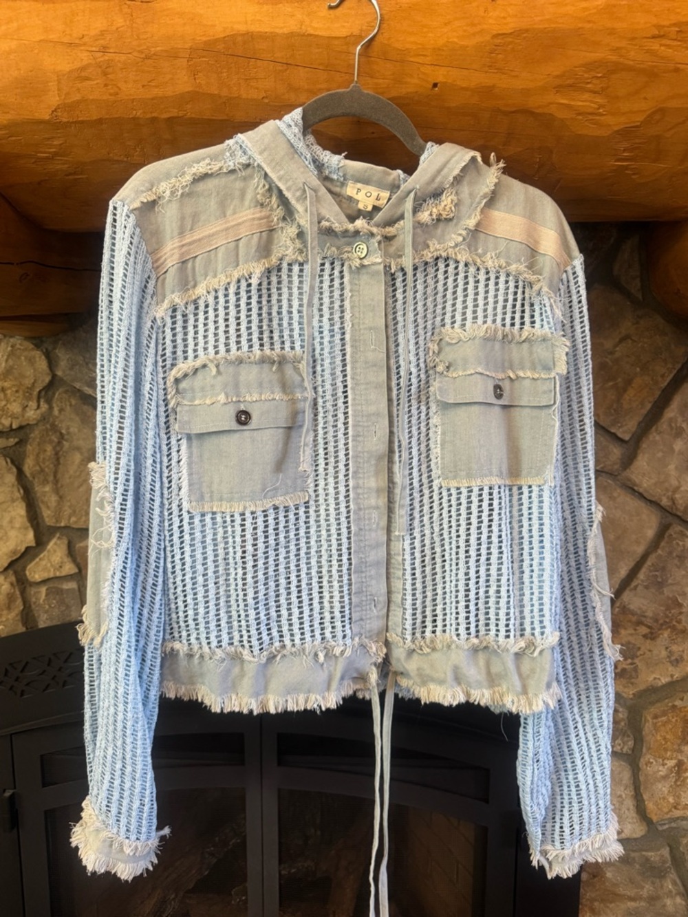 POL Light Blue Distressed Knit Hooded Jacket NWOT